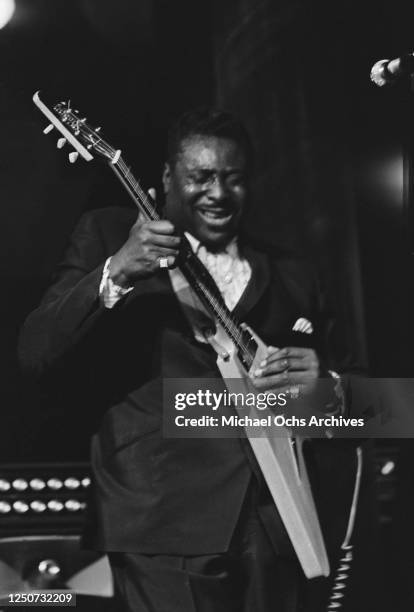 American blues guitarist and singer Albert King in concert with his Gibson Flying V at the Village Gate in Greenwich Village, New York City, 11th...