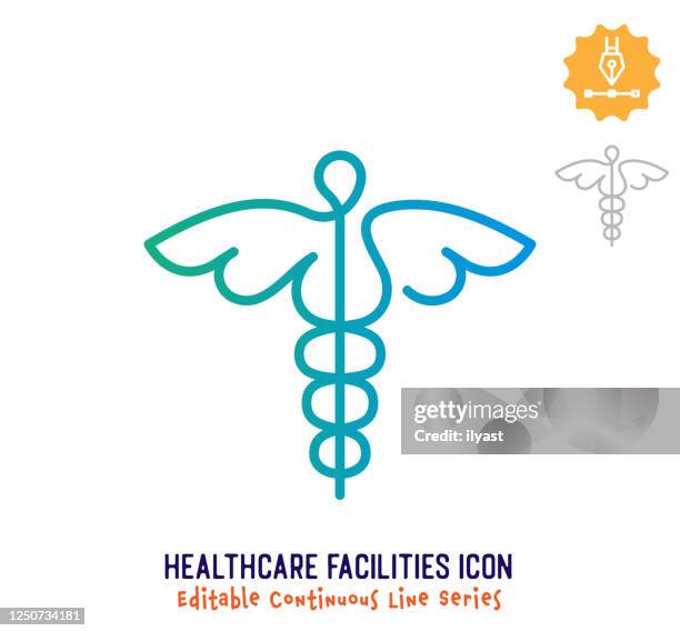 gesundheitseinrichtungen kontinuierliche linie editierbare strichlinie - hermesstab stock-grafiken, -clipart, -cartoons und -symbole