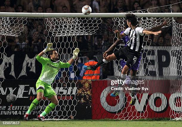 Vladimir Ivic of PAOK misses a chance against Carlo Cudicini of Tottenham shortly before the end of the UEFA Europa League group A match between PAOK...