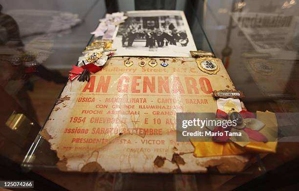 An old festival announcement is seen in the Italian American Museum during the 85th annual Feast of San Gennaro festival on September 15, 2011 in New...