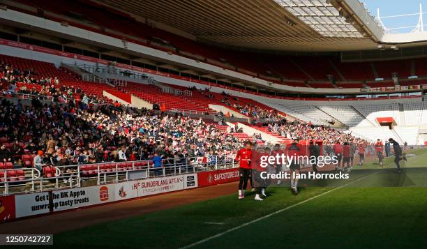 Sunderland players take part in training during a Sunderland open training session at Stadium of Light on April 3, 2023 in Sunderland, England.