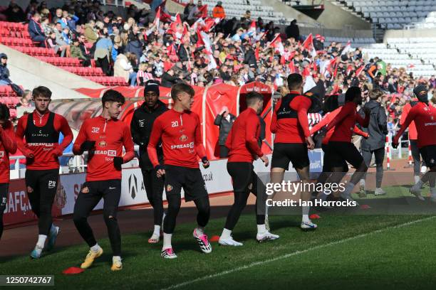 Sunderland players take part in training during a Sunderland open training session at Stadium of Light on April 3, 2023 in Sunderland, England.