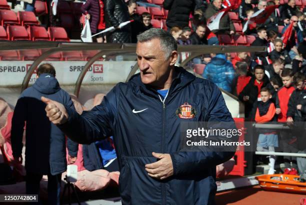 Sunderland head coach Tony Mowbray takes part in training during a Sunderland open training session at Stadium of Light on April 3, 2023 in...