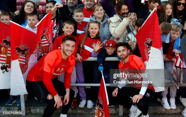 Lynden Gooch and Patrick Roberts meet fans during a Sunderland open training session at Stadium of Light on April 3, 2023 in Sunderland, England.