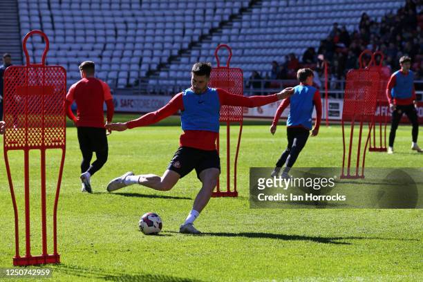 Danny Batth has a shot during a Sunderland open training session at Stadium of Light on April 3, 2023 in Sunderland, England.