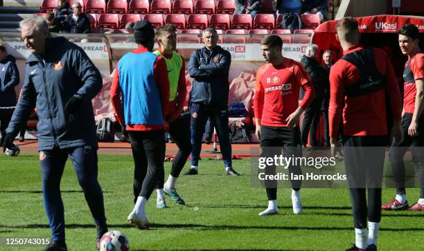 Sunderland head coach Tony Mowbray takes part in training during a Sunderland open training session at Stadium of Light on April 3, 2023 in...