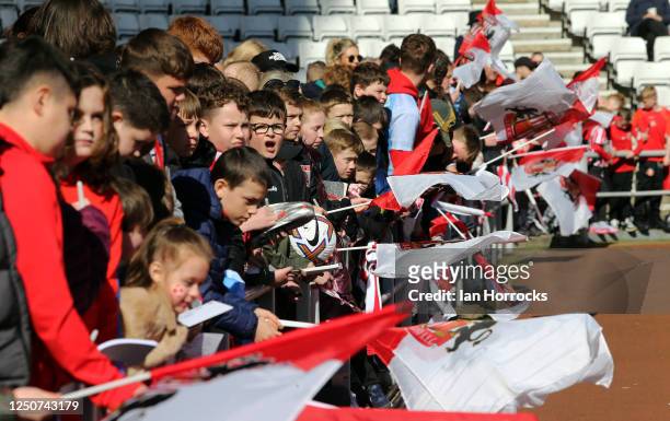 Sunderland fans turn out in numbers to watch during a Sunderland open training session at Stadium of Light on April 3, 2023 in Sunderland, England.