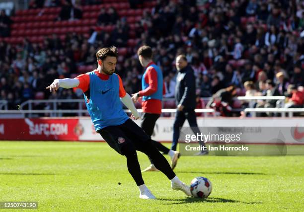The Patrick Roberts has a shot during a Sunderland open training session at Stadium of Light on April 3, 2023 in Sunderland, England.