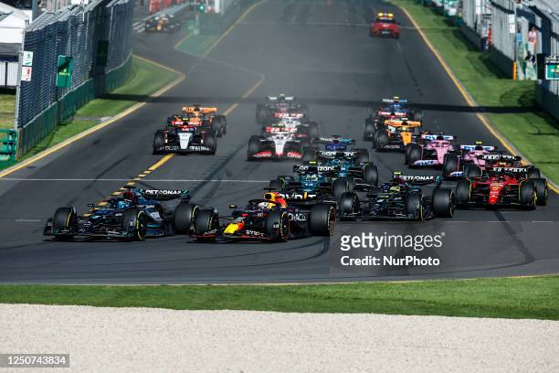 Start of the race 63 George Russell of United Kingdom, Mercedes - AMG PETRONAS, W14 - Mercedes, action and 01 Max Verstappen of Netherlands, Oracle...