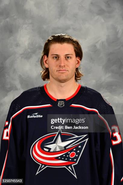 Jon Gillies of the Columbus Blue Jackets poses for his official headshot for the 2022-2023 season at Nationwide Arena on April 1, 2023 in Columbus,...