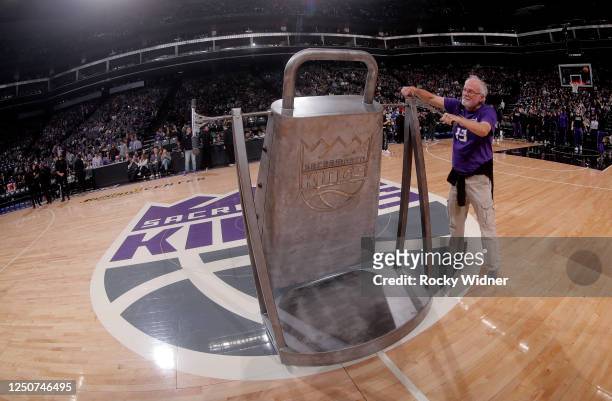 Fan rings the cowbell prior to the game between the Utah Jazz and Sacramento Kings on March 25, 2023 at Golden 1 Center in Sacramento, California....