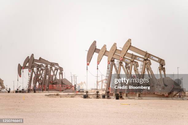 Oil pump jacks in Midland, Texas, US, on Thursday, March 2, 2023. Thousands of miles away from the turmoil on Wall Street, Midland, Texas that ranked...