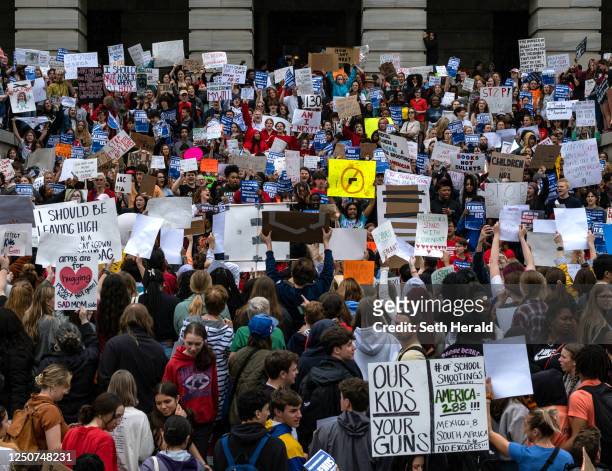Students across Nashville walked out of schools and gather at the Tennessee State Capitol building in protest to demand action for gun reform laws in...