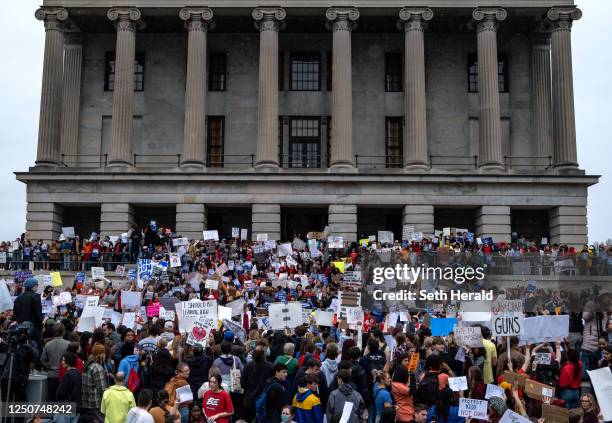 Students across Nashville walked out of schools and gather at the Tennessee State Capitol building in protest to demand action for gun reform laws in...