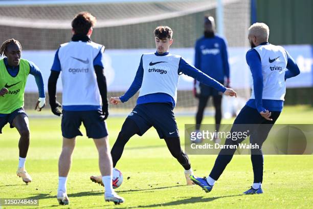 Kai Havertz of Chelsea in action during a training session at Chelsea Training Ground on April 3, 2023 in Cobham, England.