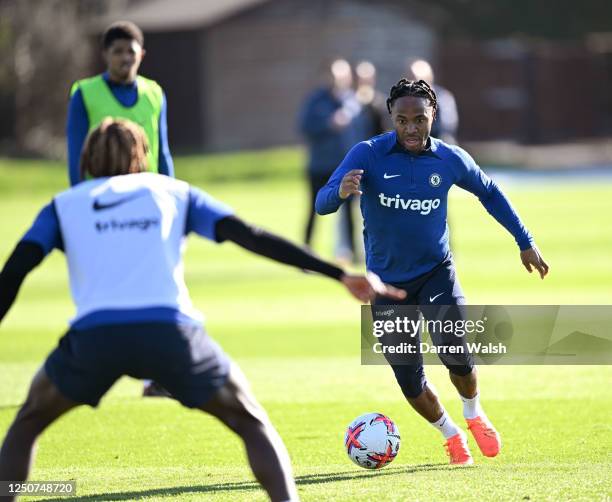 Raheem Sterling of Chelsea in action during a training session at Chelsea Training Ground on April 3, 2023 in Cobham, England.