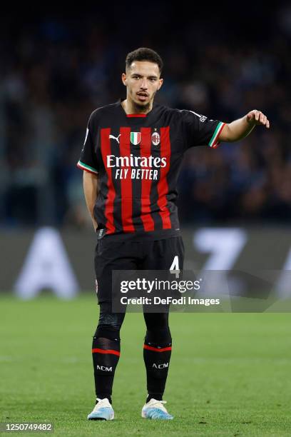 Ismael Bennacer of AC Milan gestures during the Serie A match between SSC Napoli and AC Milan at Stadio Diego Armando Maradona on April 2, 2023 in...