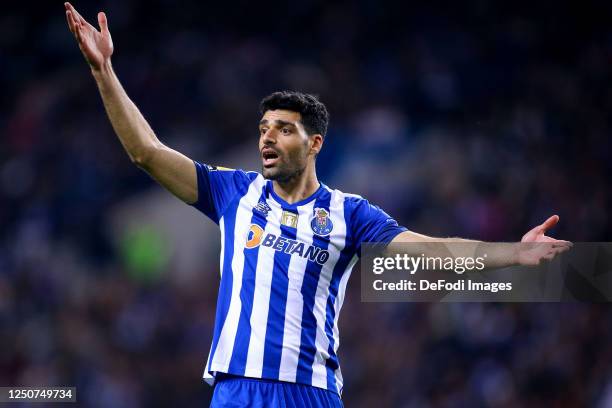 Mehdi Taremi of FC Porto gestures during the Liga Portugal Bwin match between FC Porto and Portimonense SC at Estadio do Dragao on April 2, 2023 in...