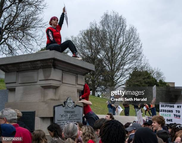 Students walked out of area schools to gather at the Tennessee State Capitol building in protest to demand action for gun reform laws in the state on...