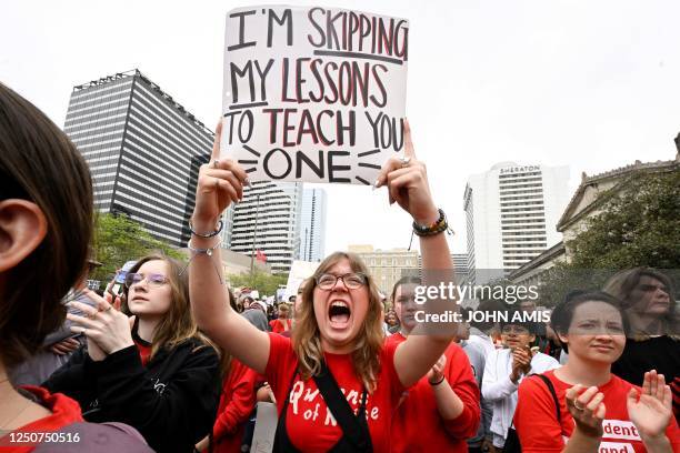 Anti-gun demonstrators protest at the Tennessee Capitol for stricter gun laws in Nashville, Tennessee, on April 3, 2023. - Students were encouraged...