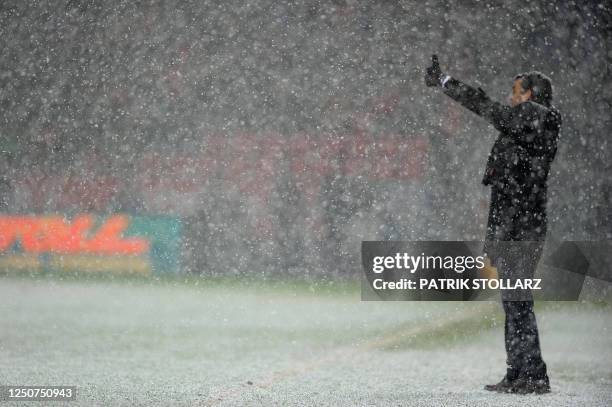 Freiburg's head coach Robin Dutt gestures during the German first division Bundesliga football match Bayer Leverkusen vs Freiburg in the central...