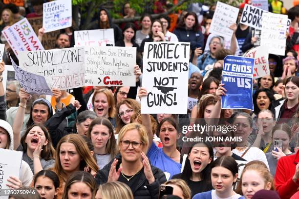 Anti-gun demonstrators protest at the Tennessee Capitol for stricter gun laws in Nashville, Tennessee, on April 3, 2023. - Students were encouraged...