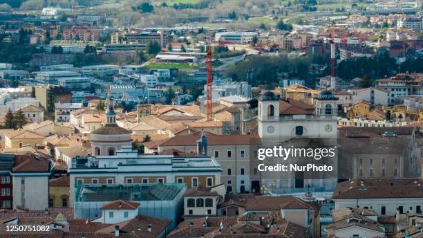 Drone view of skyline of LAquila, Italy, on April 1, 2023. On April 6, the 14th anniversary of the 2009 earthquake will be commemorated. This tragic...