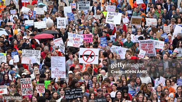 Anti-gun demonstrators protest at the Tennessee Capitol for stricter gun laws in Nashville, Tennessee, on April 3, 2023. - Students were encouraged...