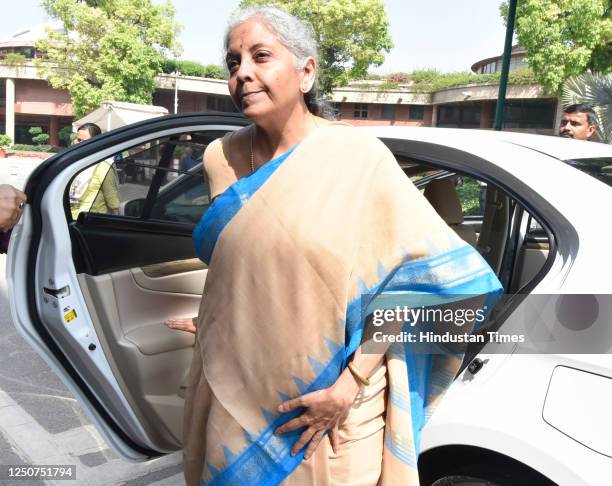 Union Minister of Finance and Corporate Affairs Nirmala Sitharaman arrive at Parliament House complex during Budget Session, on April 3, 2023 in New...