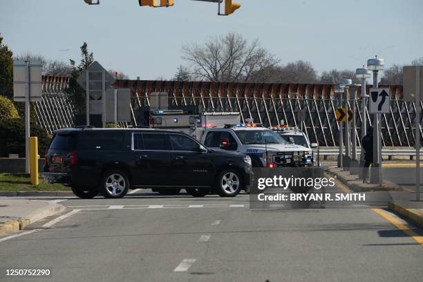 Former US president Donald Trumps motorcade leaves LaGuardia Airport in Queens, New York, on April 3, 2023. - Trump arrived in New York where he will...