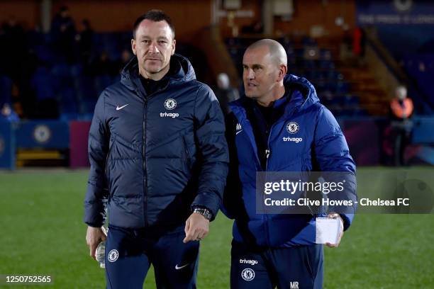 John Terry and Manager Mark Robinson of Chelsea during the Chelsea U21 v Crystal Palace U21 Premier League 2 match on April 3, 2023 in Kingston upon...