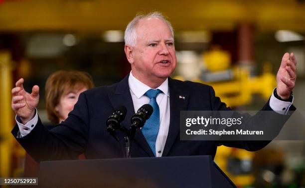 Minnesota Governor Tim Walz speaks during a visit by U.S. President Joe Biden to the Cummins Power Generation facility on April 3, 2023 in Fridley,...