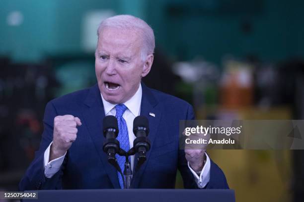 President Joe Biden speaks to the crowd at the Cummins power generation facility, on April 03, 2023 in Fridley, Minnesota, United States.