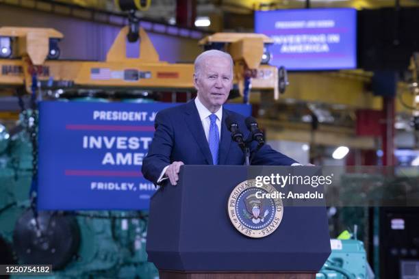 President Joe Biden speaks to the crowd at the Cummins power generation facility, on April 03, 2023 in Fridley, Minnesota, United States.