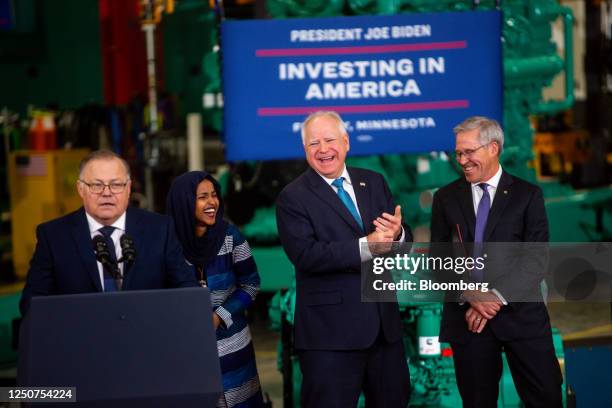 Scott Lund, mayor of Fridley, from left, Representative Ilhan Omar, a Democrat from Minnesota, Tim Walz, governor of Minnesota, and Tony...