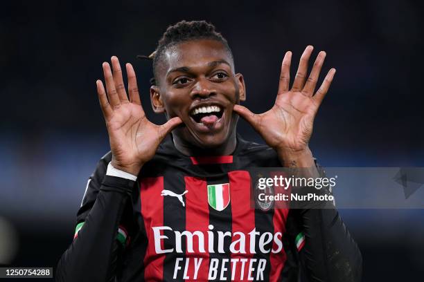 Rafael Leao of AC Milan celebrates after scoring first goal during the Serie A match between SSC Napoli and AC Milan at Stadio Diego Armando Maradona...