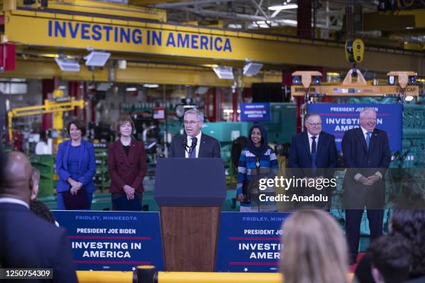 Tony Satterthwaite, the Seneior Vice President of Cummins Inc. Talks to the crowd that showed up to listen to Presdient Biden speak, on April 03,...