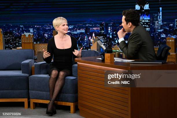 Episode 1828 -- Pictured: Actress Michelle Williams during an interview with host Jimmy Fallon on Monday, April 3, 2023 --