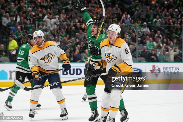 Roope Hintz of the Dallas Stars celebrates a goal against the Nashville Predators at the American Airlines Center on April 3, 2023 in Dallas, Texas.