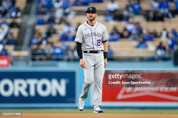 Colorado Rockies right fielder Kris Bryant warms up prior to a regular season game between the Colorado Rockies and Los Angeles Dodgers on April 3 at...