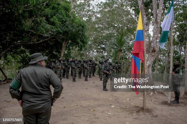 March 28 Antioquia, Colombia: The political commander Jerónimo of the AGC Major State attends the military parade of the Gabriel Poveda Ramos Front.