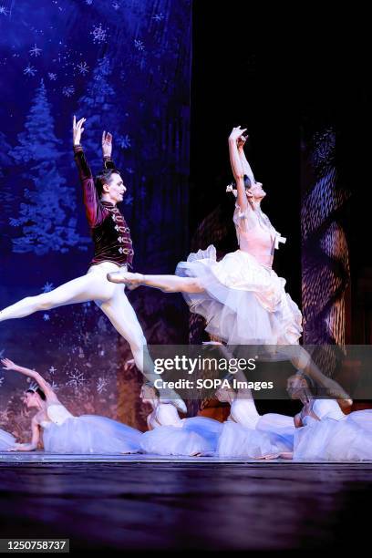 Ballerina Ksenia Pukhlovskaya and ballet dancer Ivan Negrobov seen on the stage of the Voronezh Concert Hall in the production of The Nutcracker by...