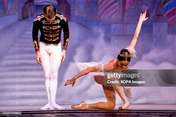 Ballerina Ksenia Pukhlovskaya and ballet dancer Ivan Negrobov seen on the stage of the Voronezh Concert Hall in the production of The Nutcracker by...