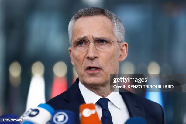 Secretary General Jens Stoltenberg speaks to the press ahead of a NATO - North Atlantic Council Foreign Affairs ministers' meeting, at the NATO...