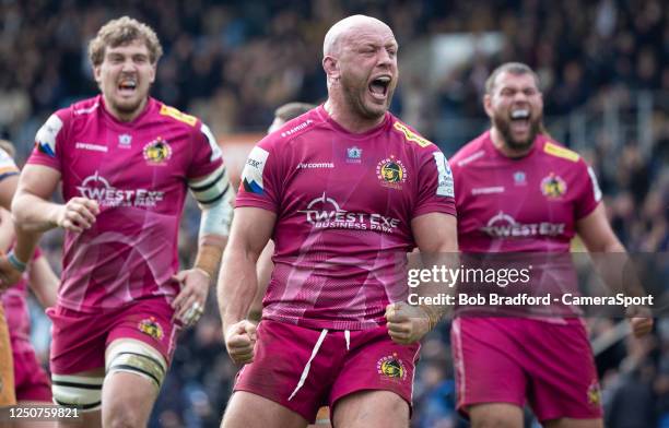 Exeter Chiefs' Jack Yeandle celebrates after scoring the winning try during Heineken European Champions Cup Round Of Sixteen match between Exeter...