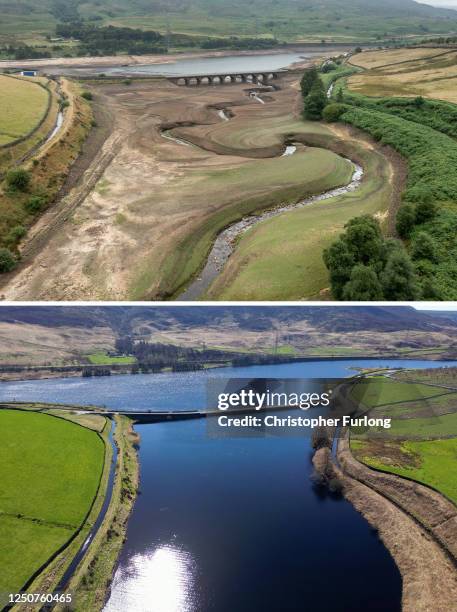 Of 1250760230 - TOP IMAGE and 1479425589 - BOTTOM IMAGE) In this before-and-after composite image, a comparison is made between GLOSSOP, ENGLAND In...