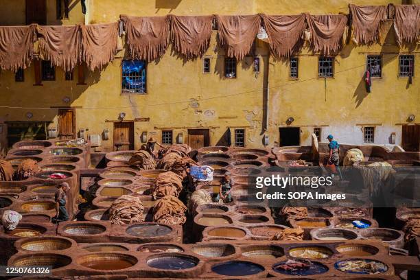 Workers seen near pools of natural dye in Chouara Tannery, one of the biggest tanneries within the medina of Fes ,. The tanneries in Fes , have been...