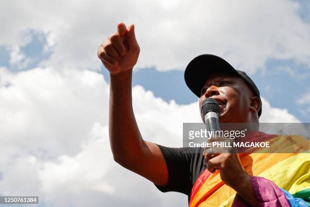 Economic Freedom Fighters leader Julius Malema speaks outside the Uganda High Commission against the countrys Anti-Homosexuality Bill in Pretoria on...
