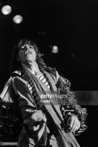 Portrait taken on June 13, 1976 shows British singer and songwriter Mick Jagger of the rock band the Rolling Stones performing at the Charles-Ehrmann...