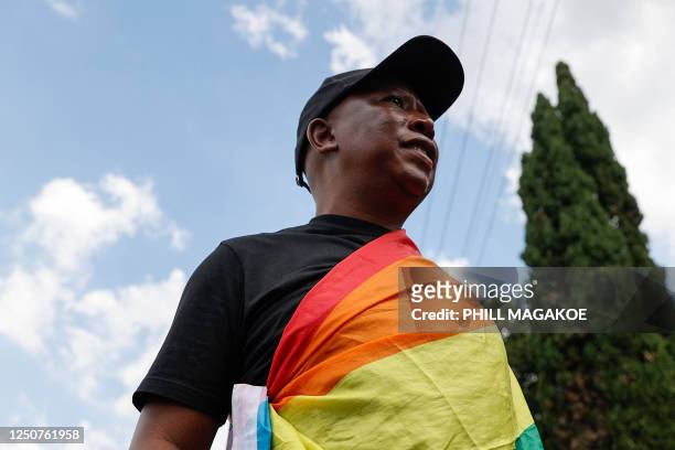 Economic Freedom Fighters leader Julius Malema speaks outside the Uganda High Commission against the countrys Anti-Homosexuality Bill in Pretoria on...